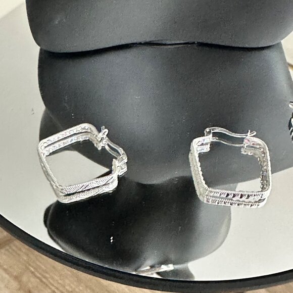 Sterling Silver 925 Square Hoop Earrings With Zircon Accents 3MM - Picture 7 of 9